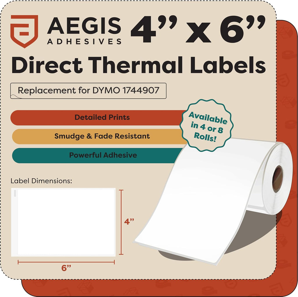 Aegis Adhesives - 4" X 6" Replacement for DYMO 1744907 (8 Rolls/1760 Labels) Direct Thermal Shipping Labels - Compatible with LabelWriter 4XL Desktop Printers (NOT Compatible with 5XL)
