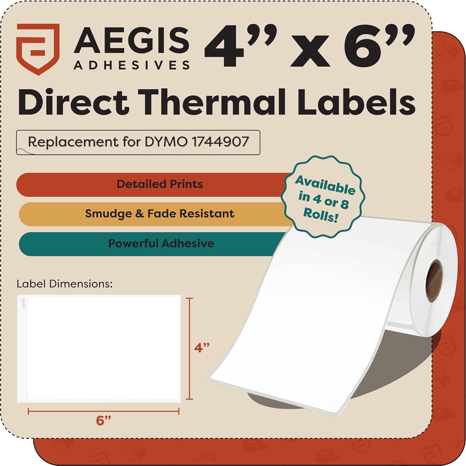 Aegis Adhesives - 4" X 6" Replacement for DYMO 1744907 (8 Rolls/1760 Labels) Direct Thermal Shipping Labels - Compatible with LabelWriter 4XL Desktop Printers (NOT Compatible with 5XL)