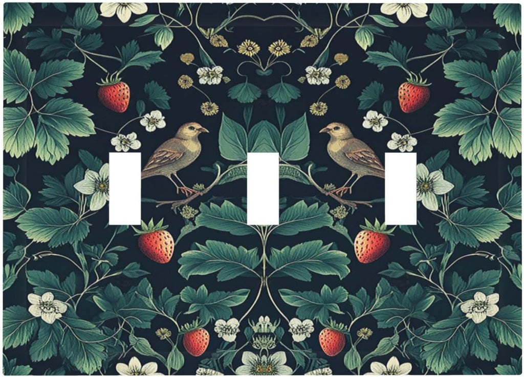 Decorative Switch Plates Strawberry Birds Flowers Plant Morris Floral 3 Gang Wall Plate Triple Toggle Light Switch Cover Faceplate Electrical Wall Panels for Bedroom Farmhouse Decor