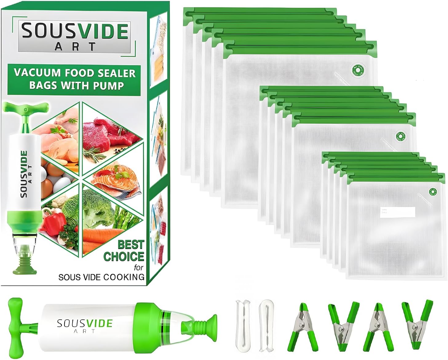SOUSVIDE ART 37pcs Reusable Vacuum Seal Bags with Vacuum Sealer - 30 Cooking and Storage Bags of 3 Sizes with Pump and Sous Vide Cooker Accessories - Food Safe Kit, Keeps Food Fresh