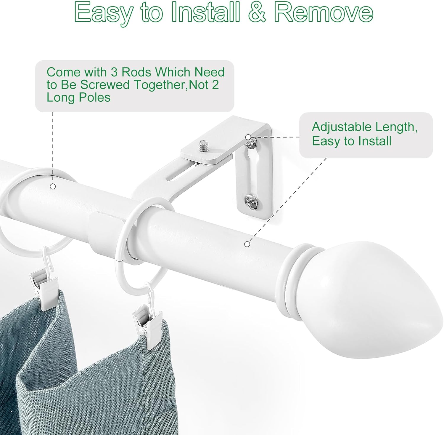 Curtain Rods for Windows 16 to 48 inches, Curtain Rod Max Adjustable Length to 60 in, Drapery Rod 1 inch Diameter with Modern Knobs Finials (White, 16" to 48" - Set of 1)