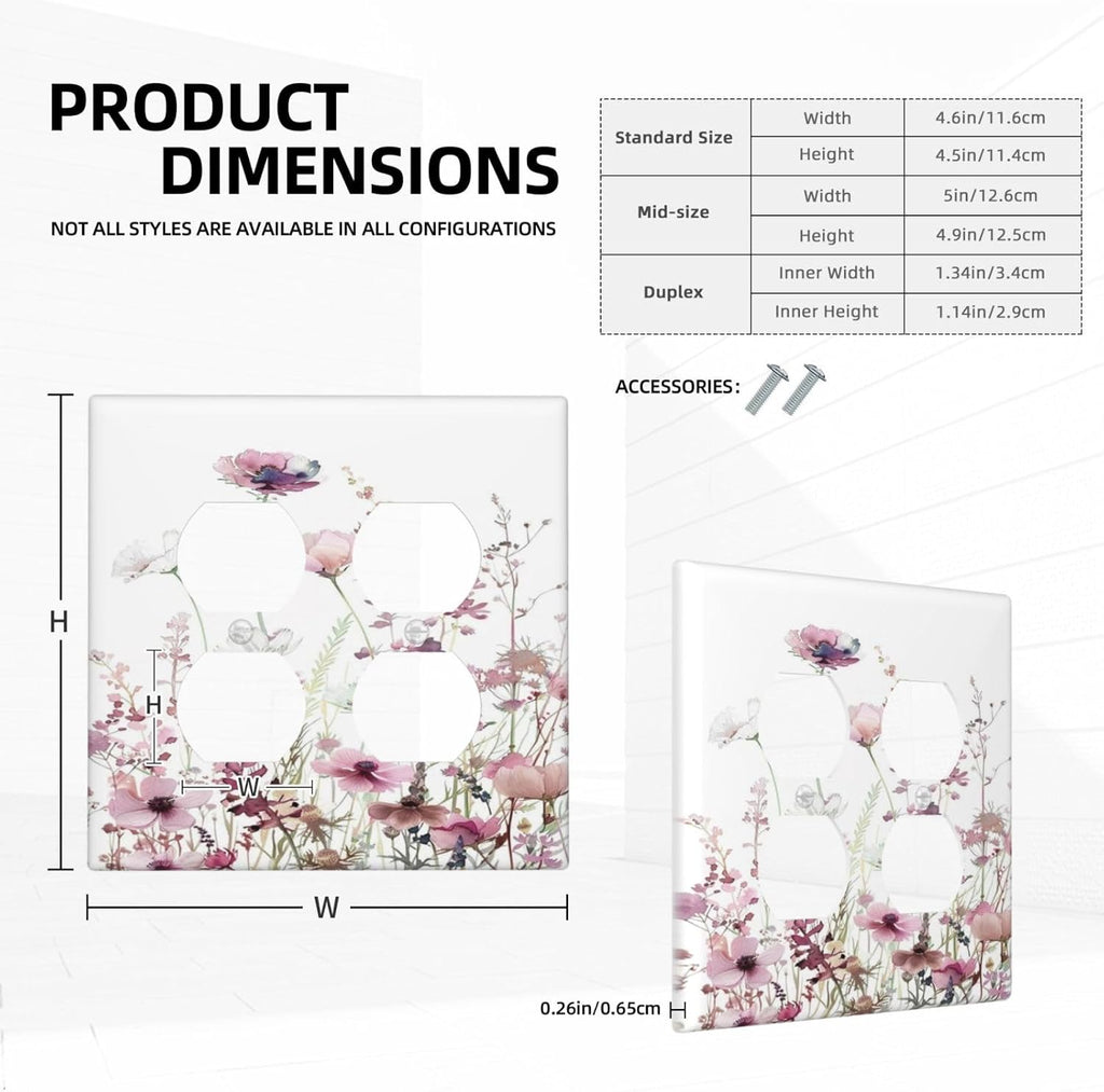 Floral Pink Watercolor Wildflowers Plant Flower Outlet Covers 2 Gang Double Duplex Decorative Light Switch Covers Electrical Wallplates Socket Faceplate for Bedroom Living Room Decor