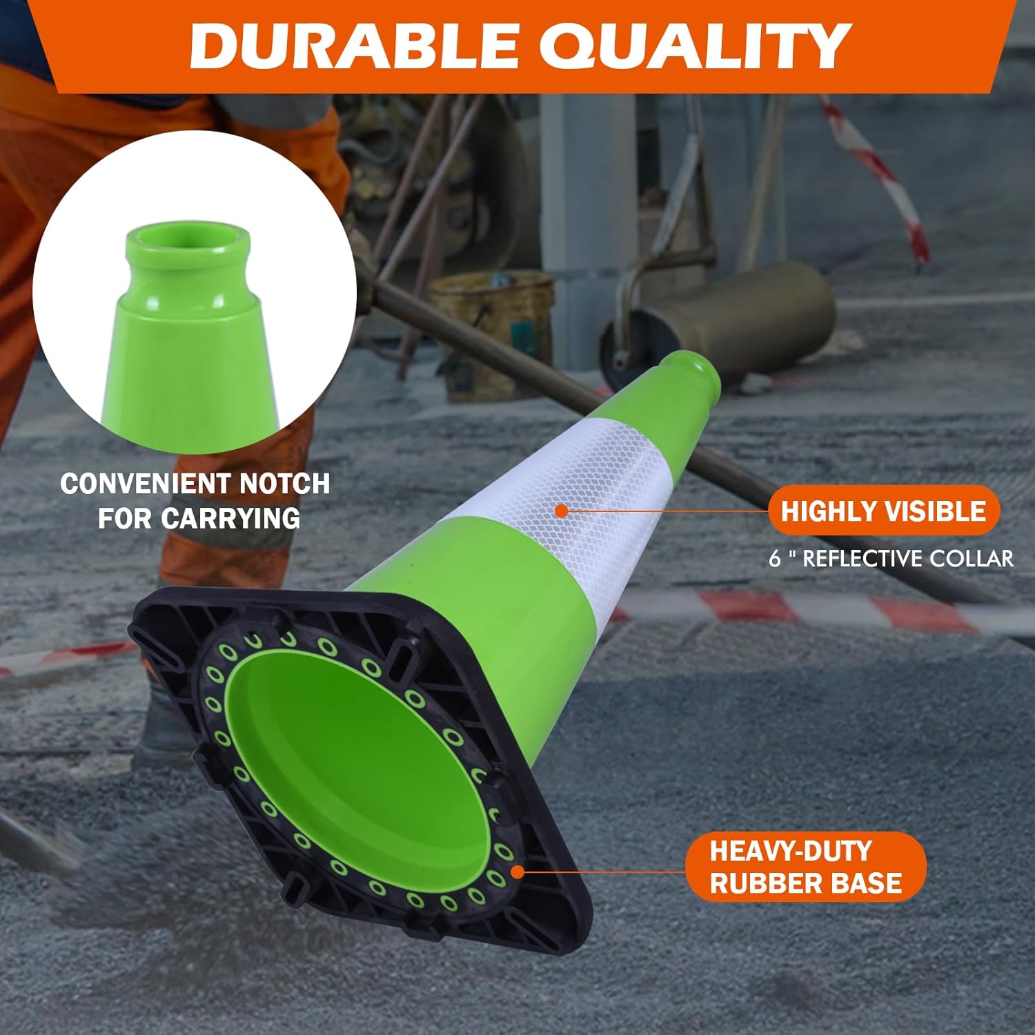 6 Pack 18 Inch Green Reflective Traffic Cones, Durable Black Base Safety Cones for Parking Lots, Sports Fields and Yard Markers (6, Green, 18 Inch)