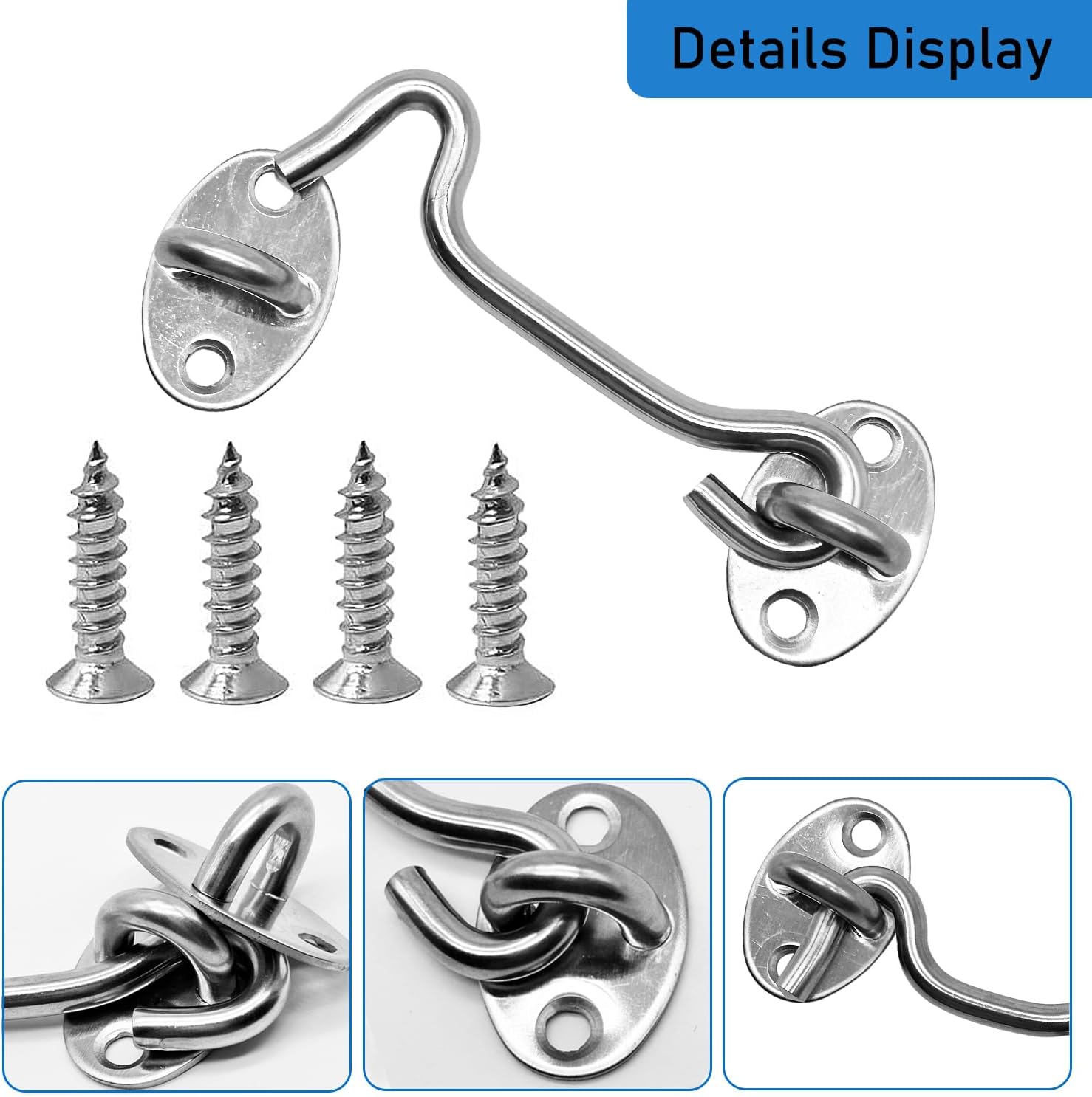 4 Pack 4" Hook and Eye Gate Latch, Stainless Steel Rust-Resistant Barn Door Lock Cabin Hooks for Gate Shutters Window Slide Barn Shed Cabinet Bathroom, with 16pcs Screw,Silver
