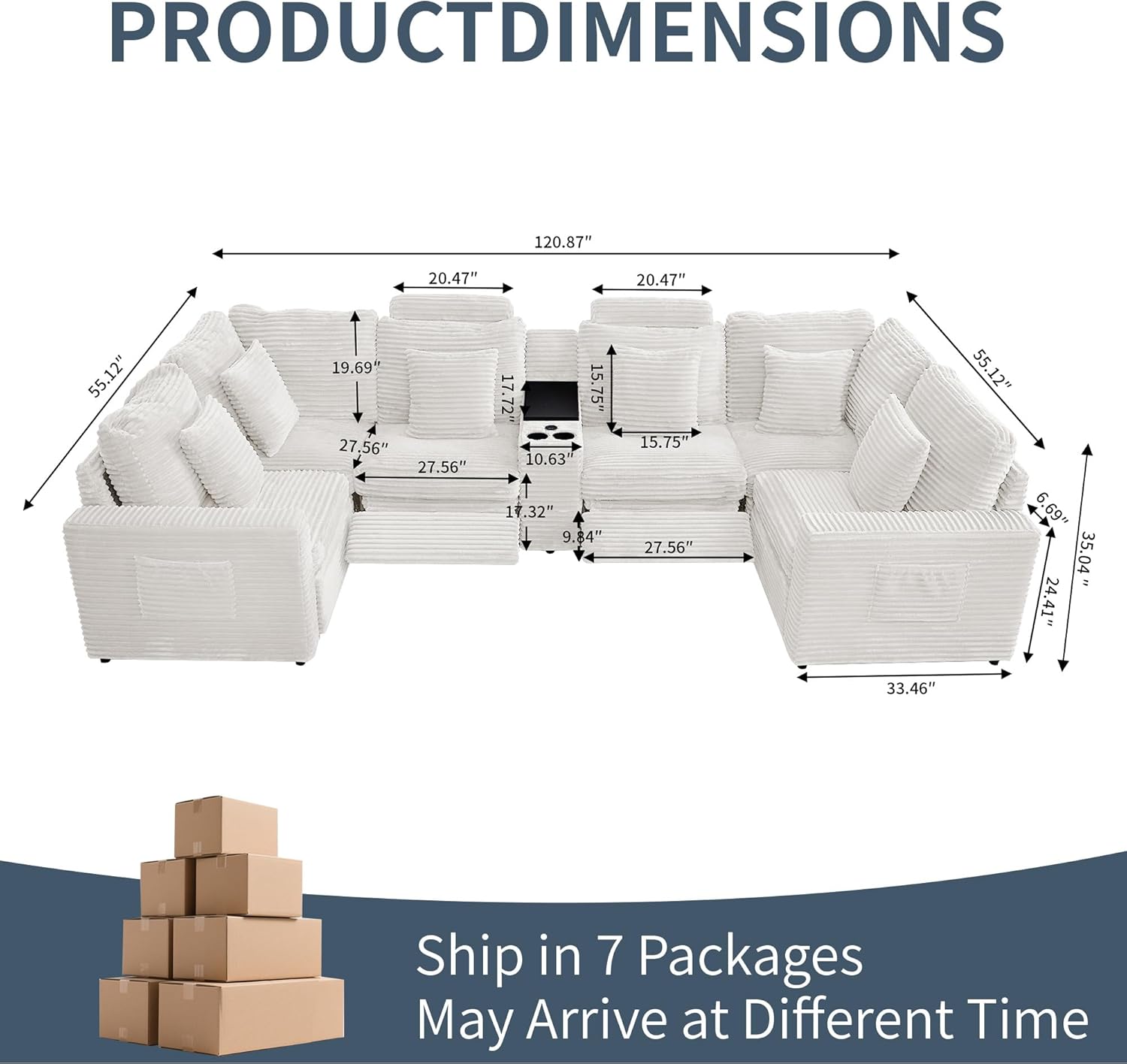 LEVNARY 6-Seat U Shaped Modular Sectional Sofa with Power Recliners, Faux Rabbit Fur Upholstery, Storage Console with Charging Ports & Cup Holders, Living Room Couch Set for Home Office (White)