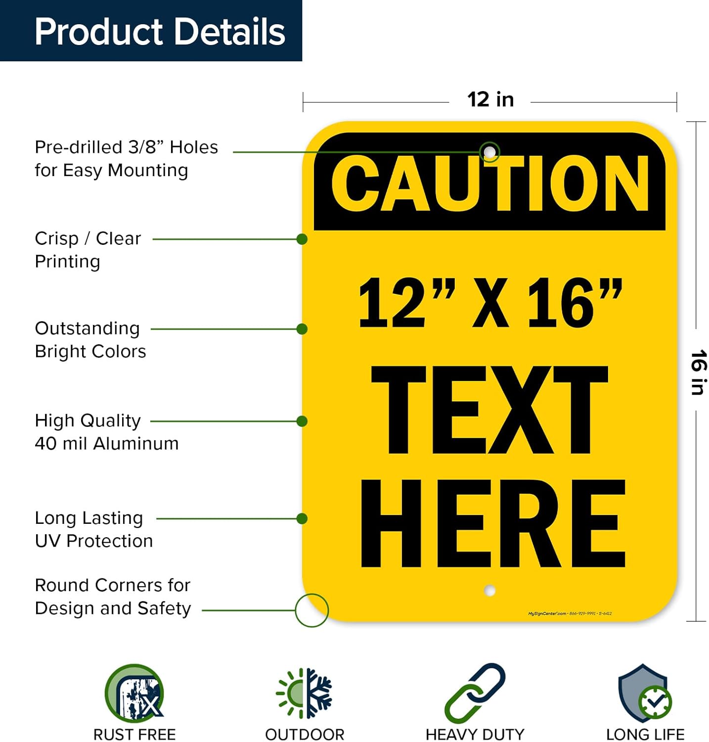 Custom Caution Sign, OSHA Sign, 12x16 Inches, Post Holes, Rust Free .040 Aluminum, Fade Resistant, Indoor/Outdoor Use, Made in USA by My Sign Center