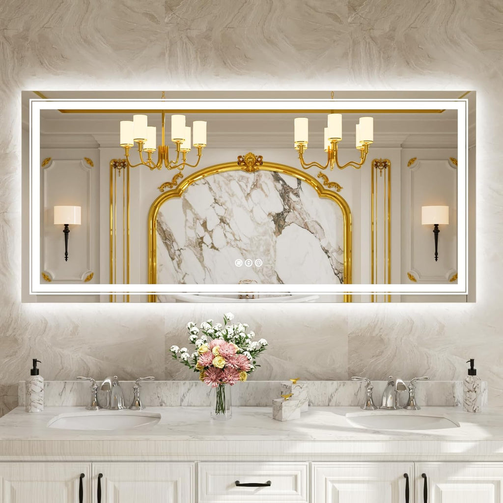 WTTY LED Bathroom Mirror 84''x40'' with Front and Backlight, Large Dimmable LED Vanity Wall Mirrors, Double LED Mirror for Bathroom with Anti-Fog, 3 Colors, Memory Function, Shatter-Proof, ETL Listed