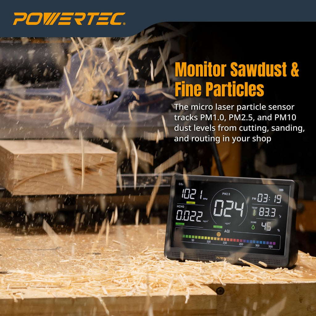 POWERTEC AD1001 Air Quality Monitor with 7” LCD Display – Multi-Sensor CO₂, PM2.5, PM10, HCHO, TVOC Detector, NDIR & Semiconductor Sensors, Rechargeable Indoor/Workshop Air Monitor