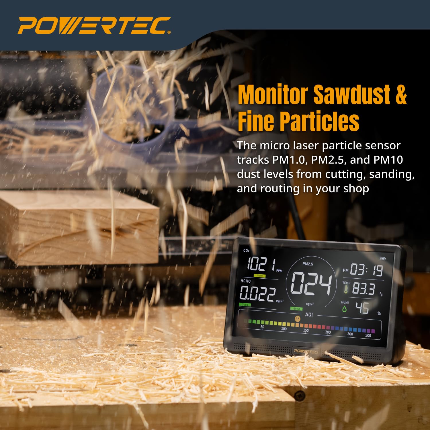 POWERTEC AD1001 Air Quality Monitor with 7” LCD Display – Multi-Sensor CO₂, PM2.5, PM10, HCHO, TVOC Detector, NDIR & Semiconductor Sensors, Rechargeable Indoor/Workshop Air Monitor