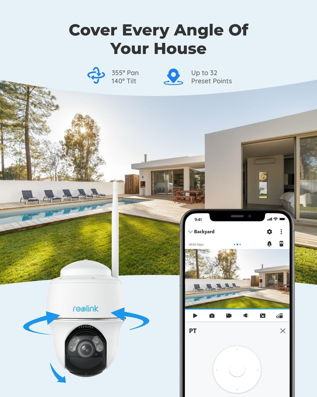 REOLINK Security Cameras Wireless Outdoor, Pan Tilt Solar Powered, 5MP 2K+ Color Night Vision, 2.4/5GHz WiFi, Smart Cameras for Home Security, Works with Home Hub, Argus PT + Solar Panel