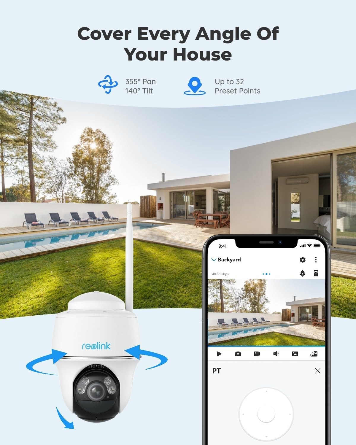 REOLINK Security Cameras Wireless Outdoor, Pan Tilt Solar Powered, 5MP 2K+ Color Night Vision, 2.4/5GHz WiFi, Smart Cameras for Home Security, Works with Home Hub, Argus PT + Solar Panel