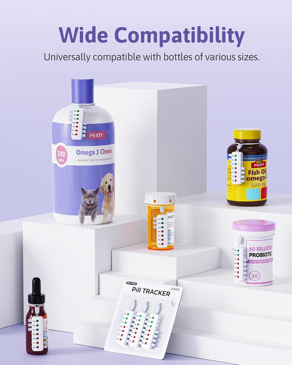 FEATY Pill Reminder for Meds Bottles, Arthritis-Friendly Pill Tracker with Anti-Slide Design, Reusable Medication Tracker for Pet Meds Without Filling, Compact Medication Reminder, 3 Packs