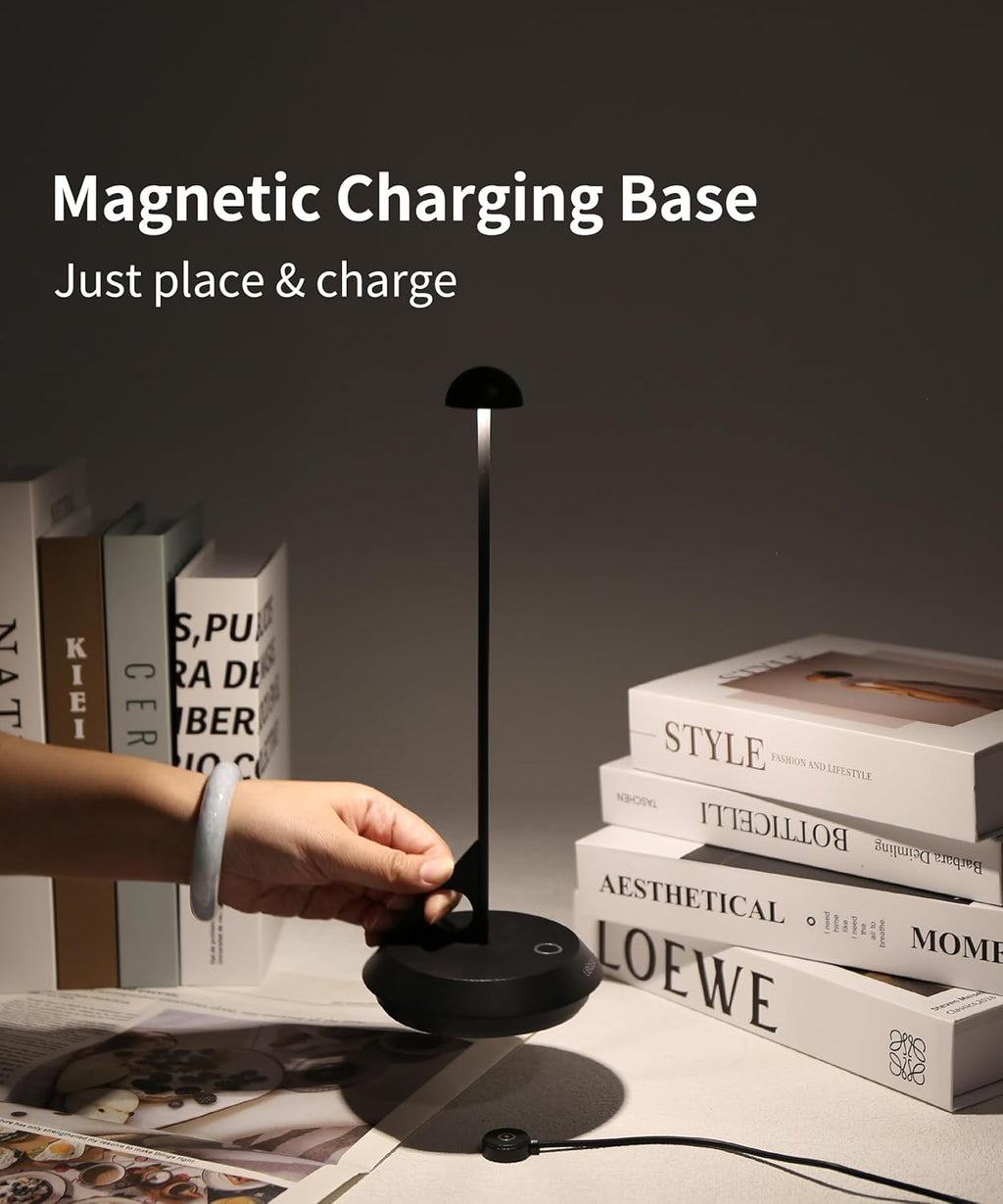 Cordless Table Lamp - LUME, Geometric Aesthetics, Magnetic Charging, Dimmable & Adjustable Lighting, IP65 - Portable Rechargeable LED Lamp for HoReCa, Bedroom, Living Room, Outdoor Use (Black)