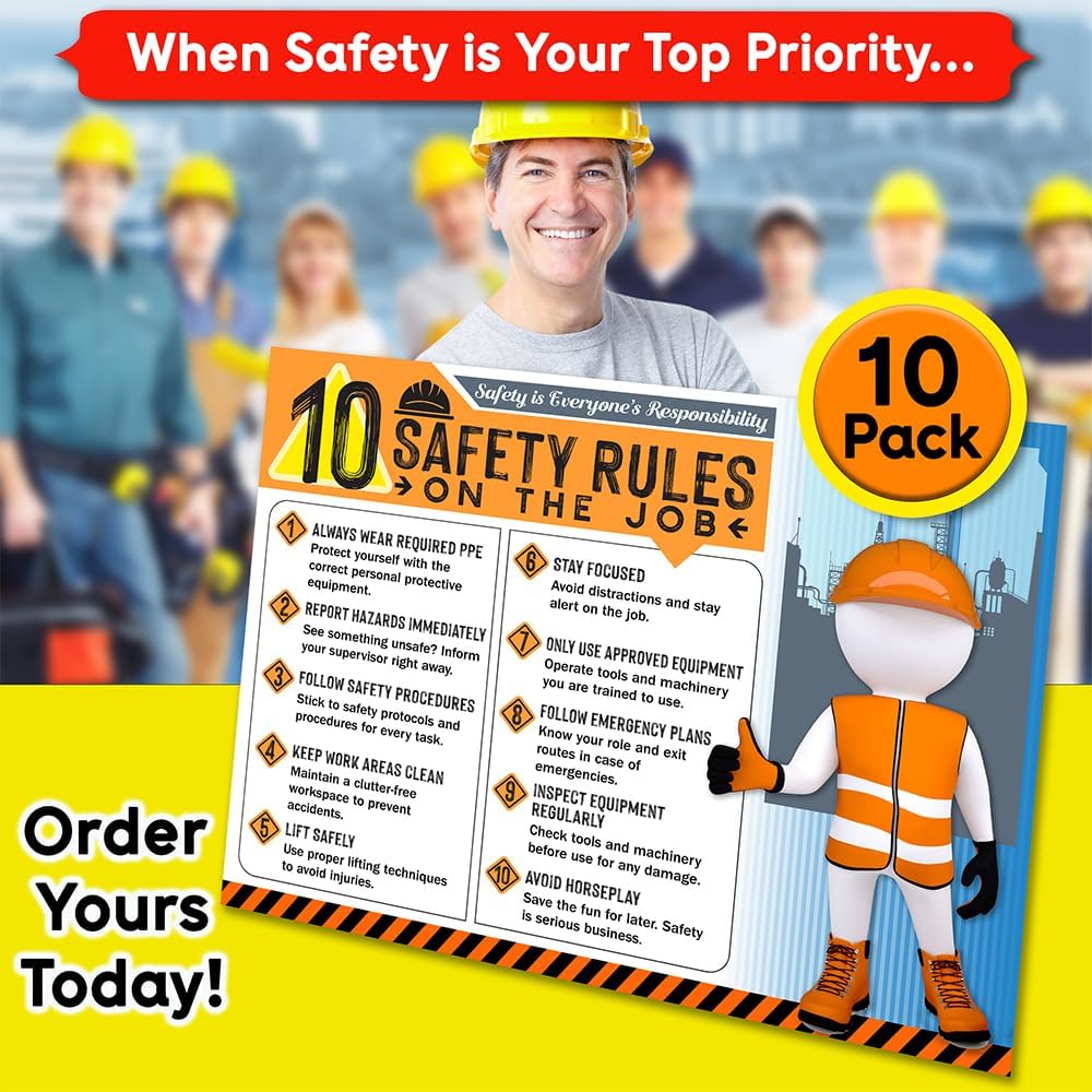 10 Safety Rules on the Job Poster 2026 Version – 18x24 Durable Laminated Safety Sign, Tear-Resistant, Waterproof Workplace Safety Poster for Industrial and Construction Settings (Pack of 10)