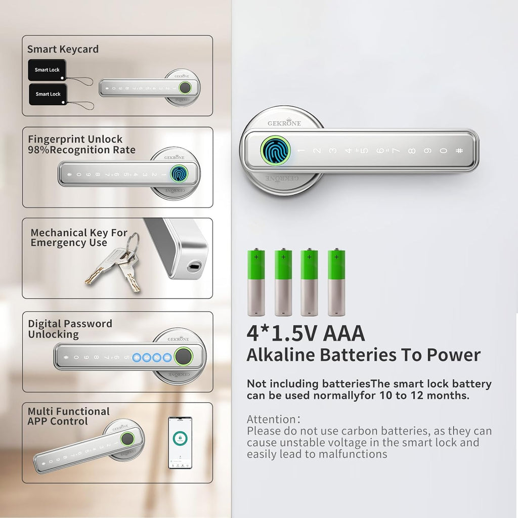 Fingerprint Smart Lever Lock TUYA APP Control Keyless Entry Bluetooth Touchscreen Indoor Handle Biometric Electronic Digital Door Knob with Keypad Suitable for Hotel Office Apartment Bedroom