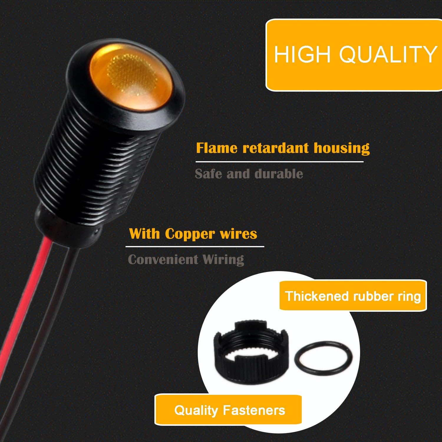 5pcs 12mm 12V-24V LED Indicator Light Plastic Black Signal Dot Lamp 12V-24V 1/2 inches Mounting Hole Size with 15cm/5.9in. Wire (Yellow LED)