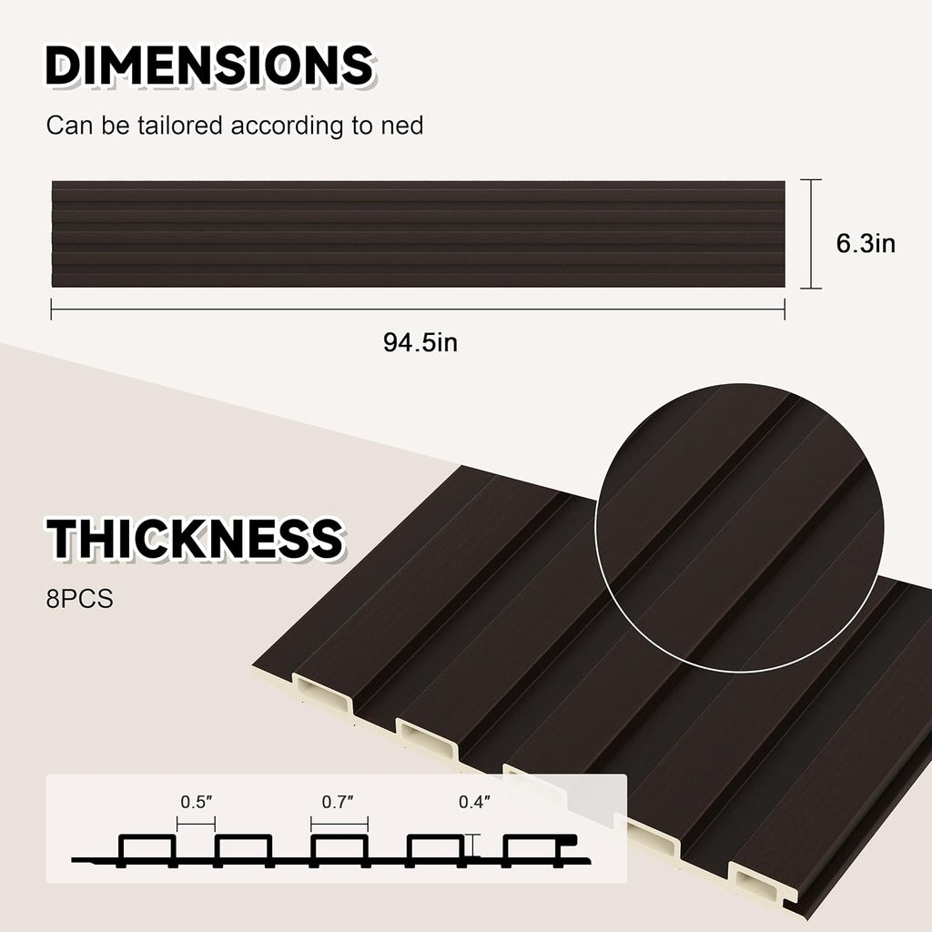 Slat Wall Paneling,8-Pack 3D WPC Wood Wall Panels,Acoustic Wall Panels for Interior Wall Decor,Living Room,Bedroom,Black Brown,95 x 6 in