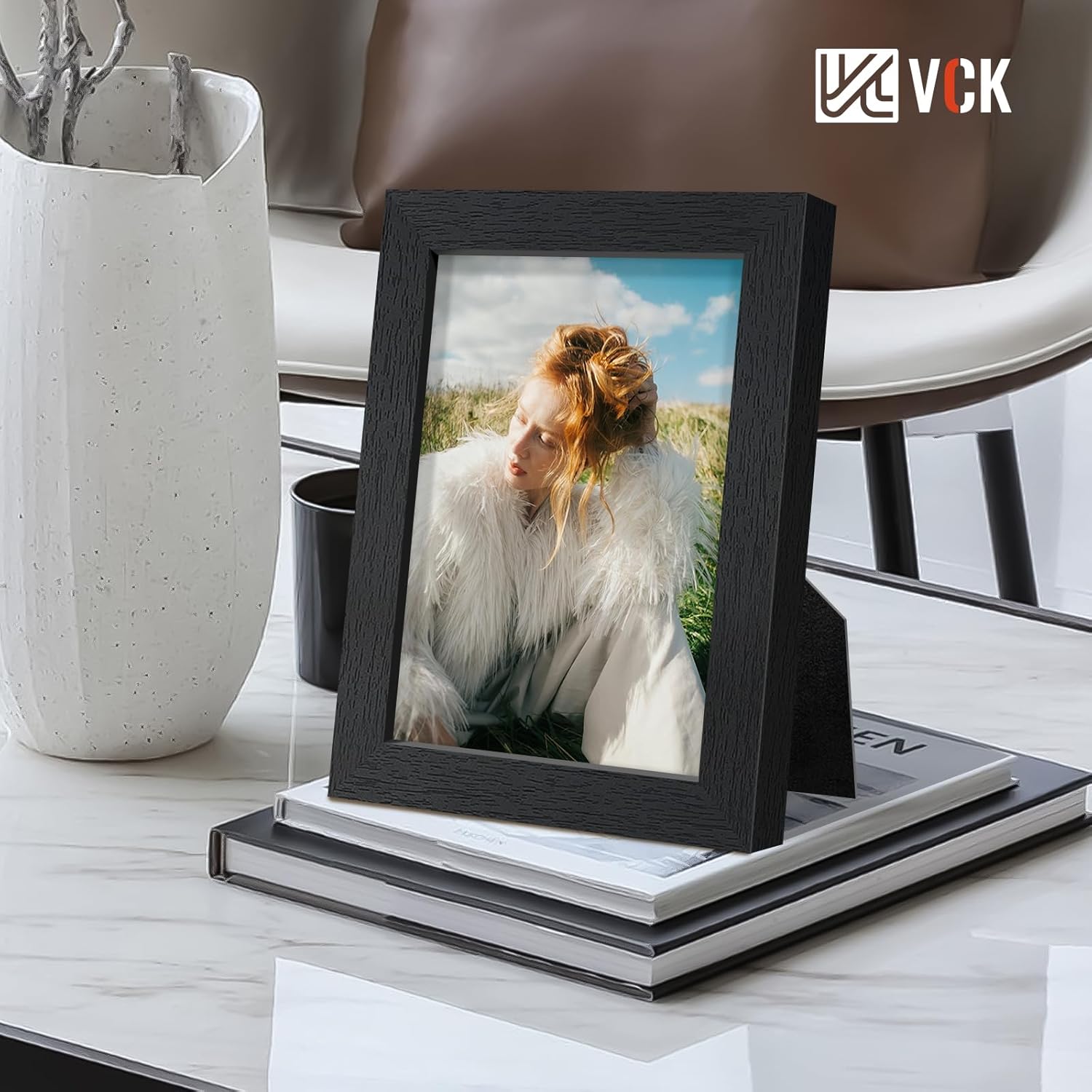 VCK 5x7 Picture Frames Black Set of 6, Wide Border Wood Poster Frame, Multi-Directional Display Family Photos, Office Prints, Studio/Gallery Artwork, Woodgrain Series, Tabletop & Wall Hanging