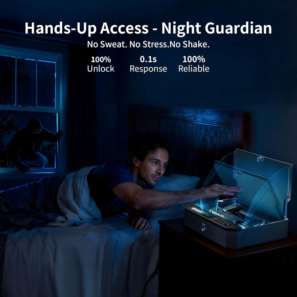 AI Smart Palm Vein Gun Safe - Childproof, Contactless 0.1s Access & 100% Unlock for Wet, Dirty, Calloused, Peeling Hands & in Darkness, Biometric Handgun Pistol Box for Nightstand, Home&Car