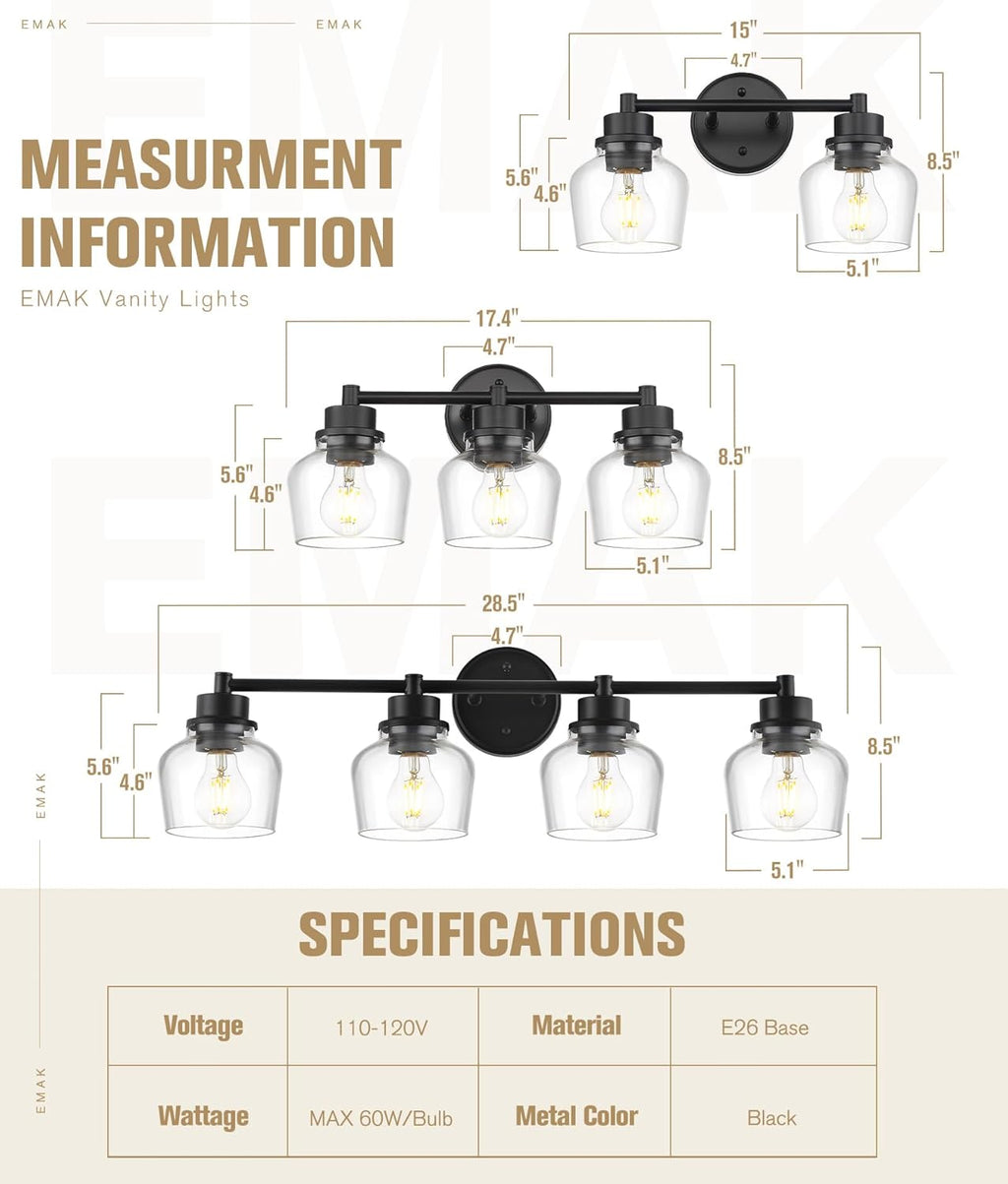 Emak 4-Light Bathroom Vanity Light, 29 Inch Black Bathroom Light Fixtures Over Mirror with Clear Glass Shade, Modern Farmhouse Vanity Lights for Mirror, Bath, VL122-BK-CG-4