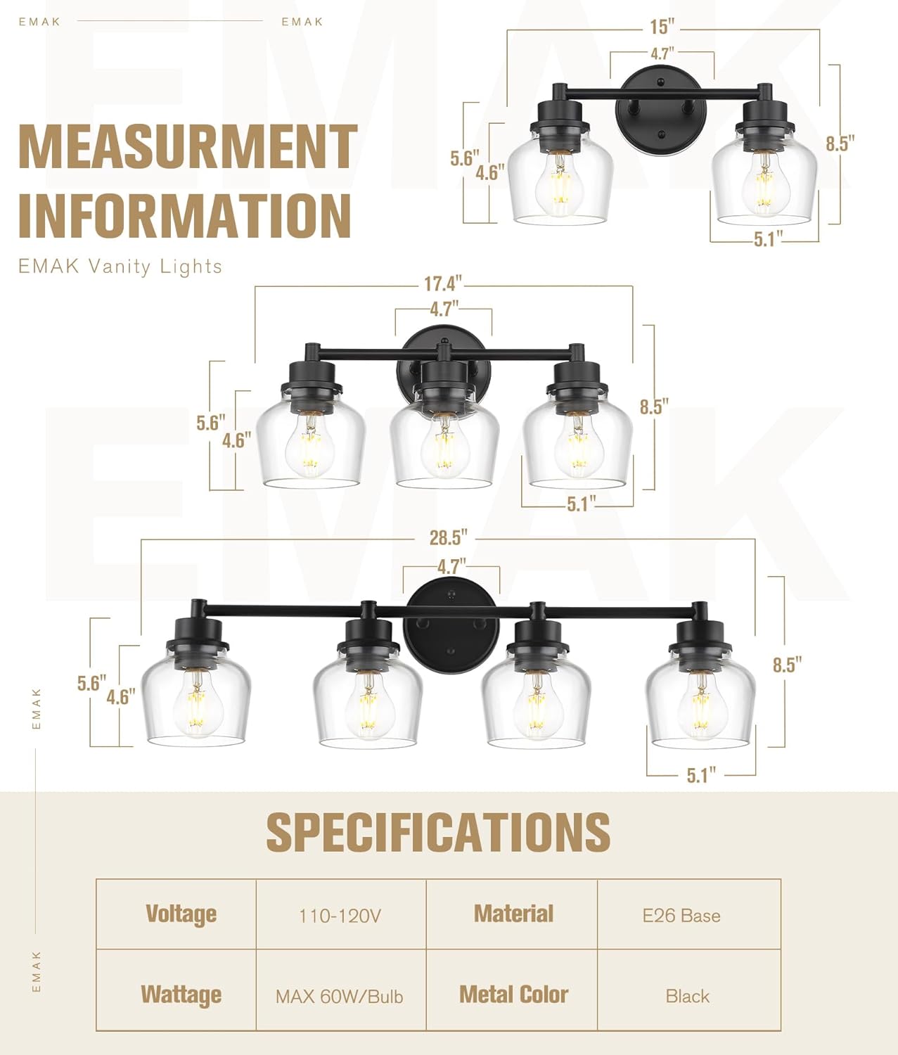 Emak 4-Light Bathroom Vanity Light, 29 Inch Black Bathroom Light Fixtures Over Mirror with Clear Glass Shade, Modern Farmhouse Vanity Lights for Mirror, Bath, VL122-BK-CG-4