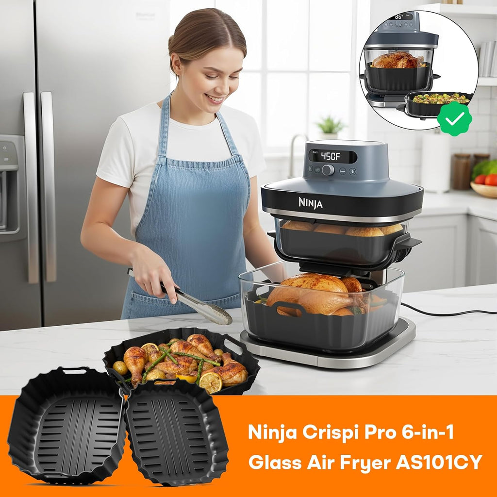 Silicone Air Fryer Liners 2 Pack, Reusable Non-Stick Square Liners Compatible with Ninja Crispi Pro Glass Air Fryer AS101CY, 5–6.5QT Air Fryer Baskets