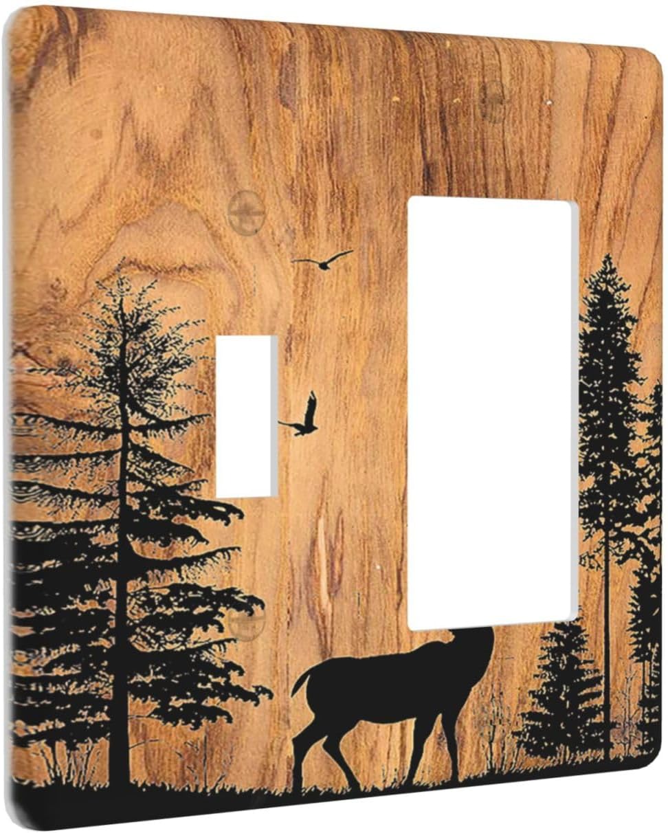 Outlet Covers Rustic Farmhouse Orange Brown Pine Tree Deer Wood Grain 1 Toggle 1 Rocker Combination Decorative Wall Plate Electrical Switch Plates Light Switch Cover Plate for Bedroom