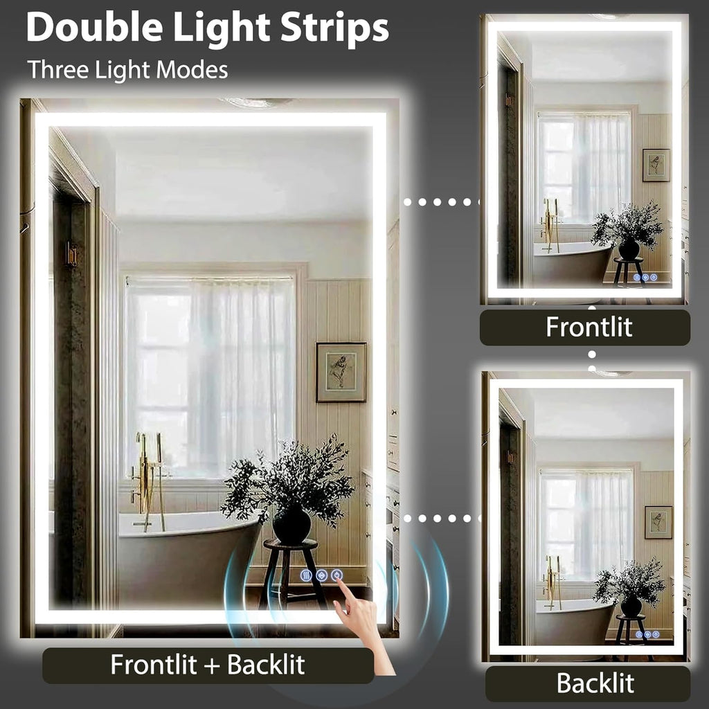 GLSLAND 26"x38" LED Bathroom Mirror with Lights, Dimmable Front and Backlit Vanity Mirrors, Wall Mounted Anti-Fog Lighted Mirror, Horizontal/Vertical Hanging