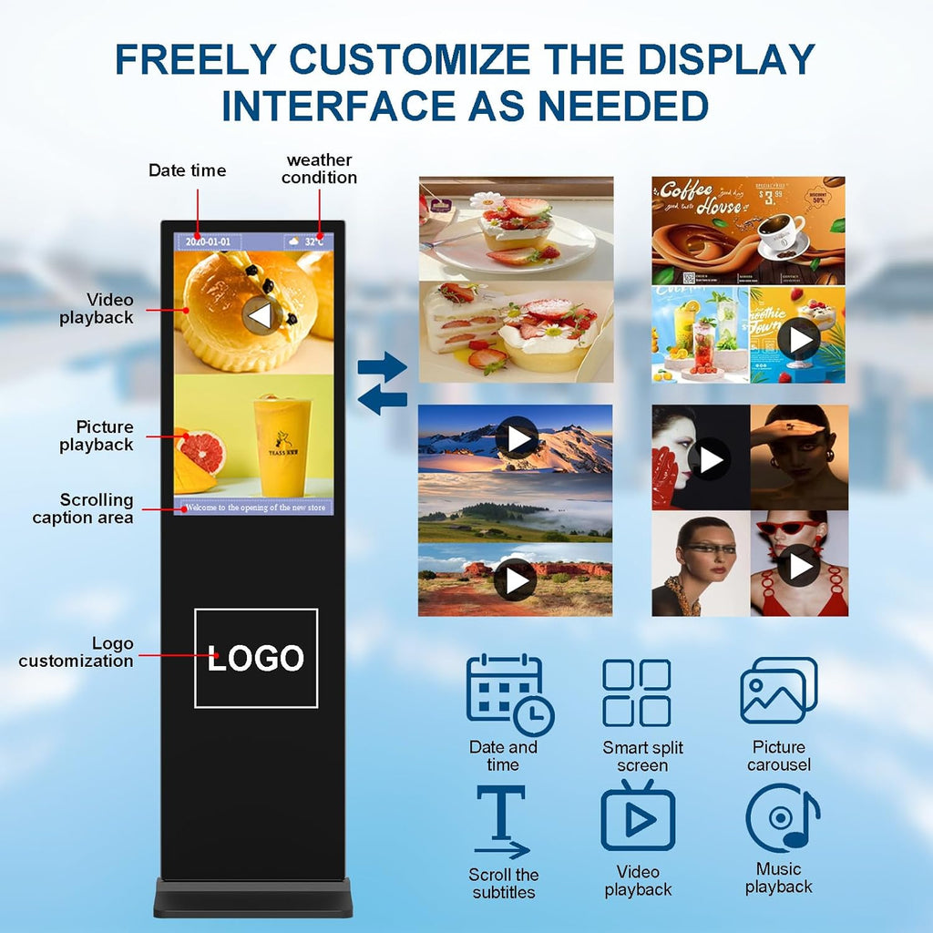 65 in Digital Signage Display, 4k Floor Standing LCD Touch Interactive Display Screen,with WiFi USB/App Software Input Digital Totem Auto Ad Player Android 14 (4+64G)