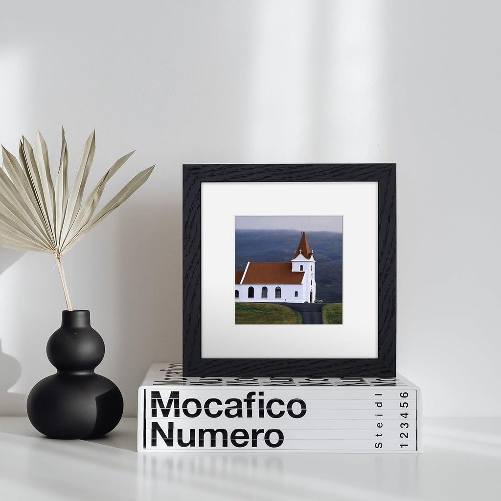 6x6 Picture Frames, Solid White Oak Wood Frame 6 x 6 with Stand for Wall & Tabletop Display, Rustic Wooden Photo Frame 6 by 6 with Real Glass, 6x6 Frame Matted to 4x4, Black Color, Set of 4