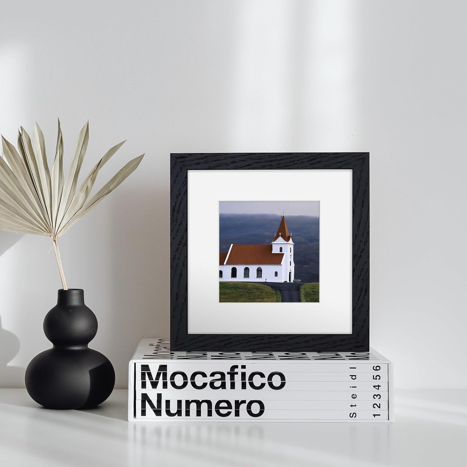 6x6 Picture Frames, Solid White Oak Wood Frame 6 x 6 with Stand for Wall & Tabletop Display, Rustic Wooden Photo Frame 6 by 6 with Real Glass, 6x6 Frame Matted to 4x4, Black Color, Set of 4