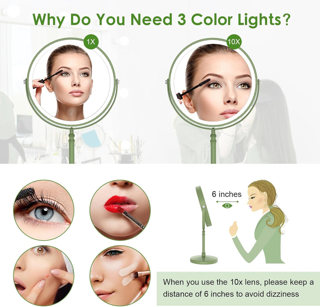 Lighted Makeup Mirror, 3000 mAh Rechargeable Double Sided Magnifying Vanity Mirror with 3 Colors, 1x/10x, 360° Rotation , Brightness Adjustable Magnification Cosmetic Light up Mirror, Women Gift