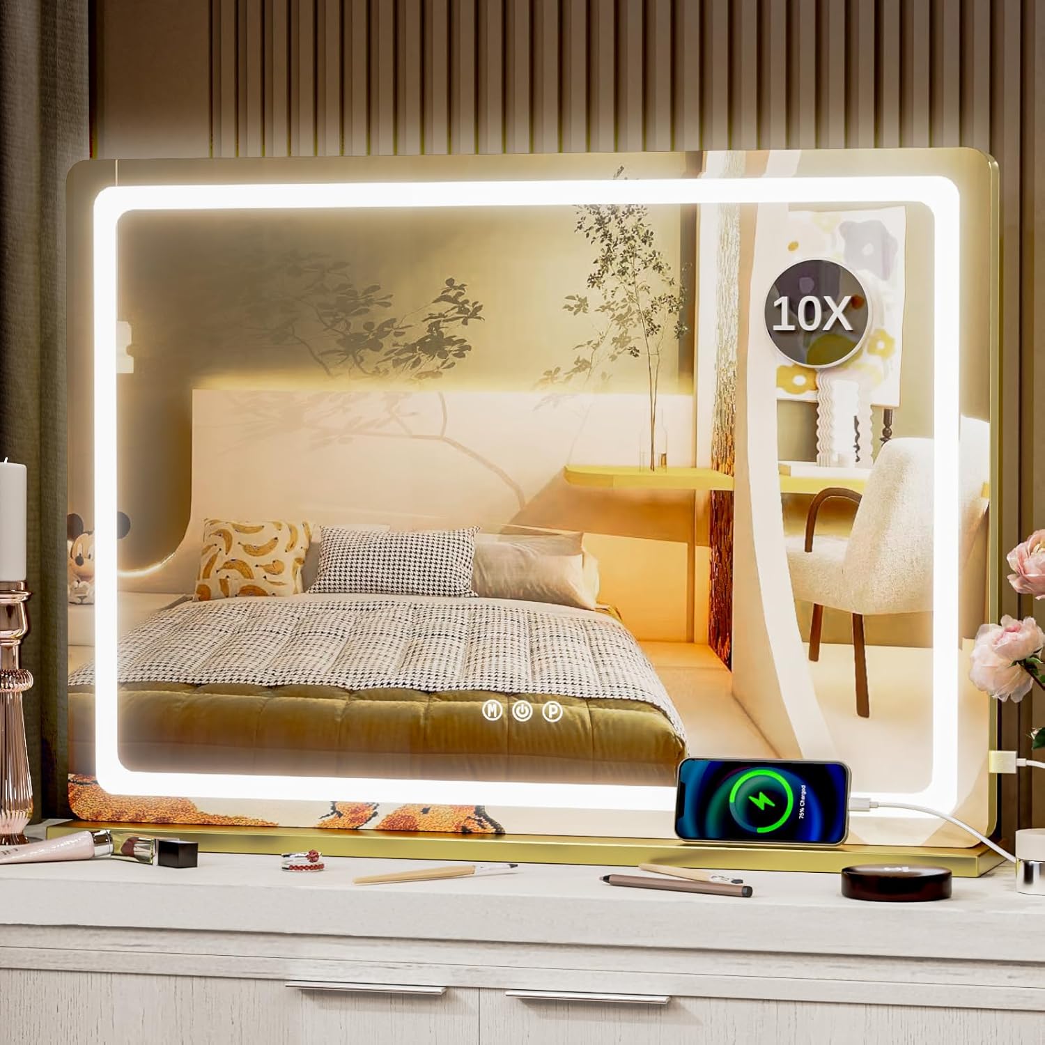 Makeup Vanity Mirror with USB Charging Port 24" x 19" Large LED Makeup Mirror, Desk Mirorr with Lights, Light up Mirror with 10X Magnification and, Dimmable 3 Modes, Touch Control Gold