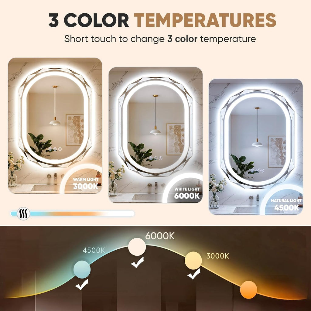 30"X36" Oval LED Bathroom Mirror with Lights, Frameless Vanity LED Mirror for Bathroom with Beveled Edge, Backlit Anti-Fog, Dimmable, 3 Colors, Memory Function, Tempered Glass, Shatter-Proof