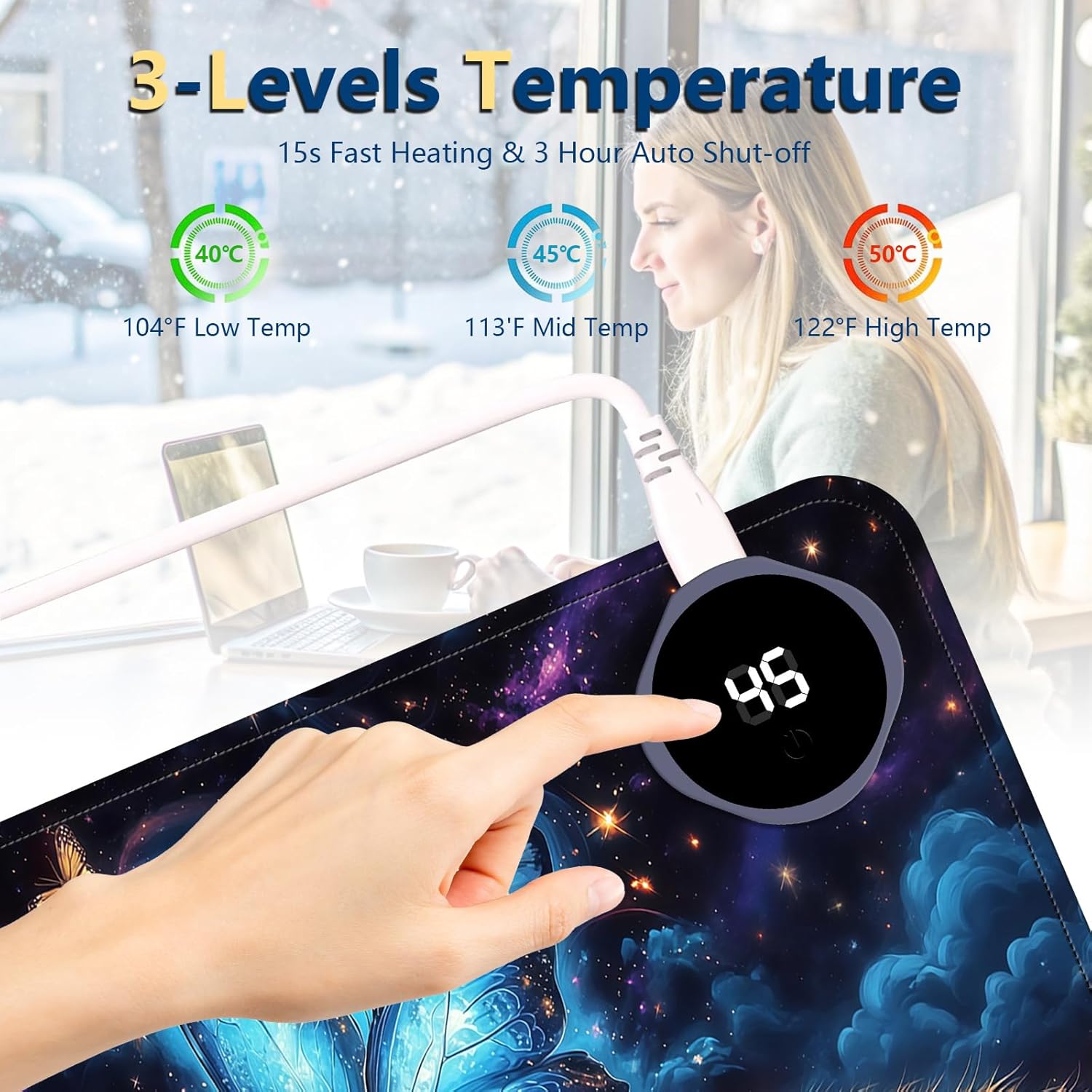 Heated Mouse Pad with 3 Temperature Settings(104°F–122°F),Large 31.5x13 Inch PU Leather Heated Desk Mat,Waterproof Warming Pad for Office,Gaming & Cold Hands Relief,Cat Bule Butterfly