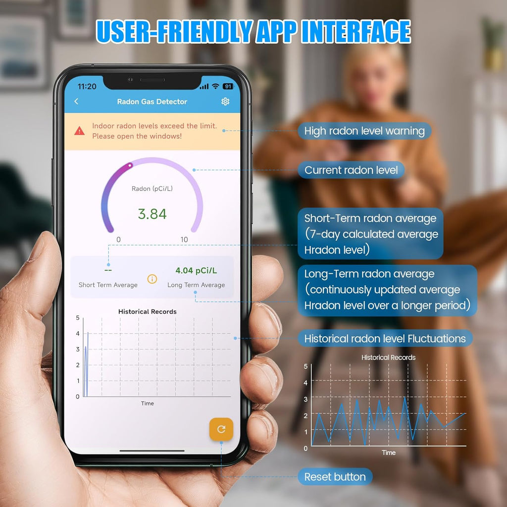 WiFi Home Radon Detector, Portable Radon Meter with Real-Time Short & Long-Term Monitoring, Plug-in Design, Instant Alerts & App Control