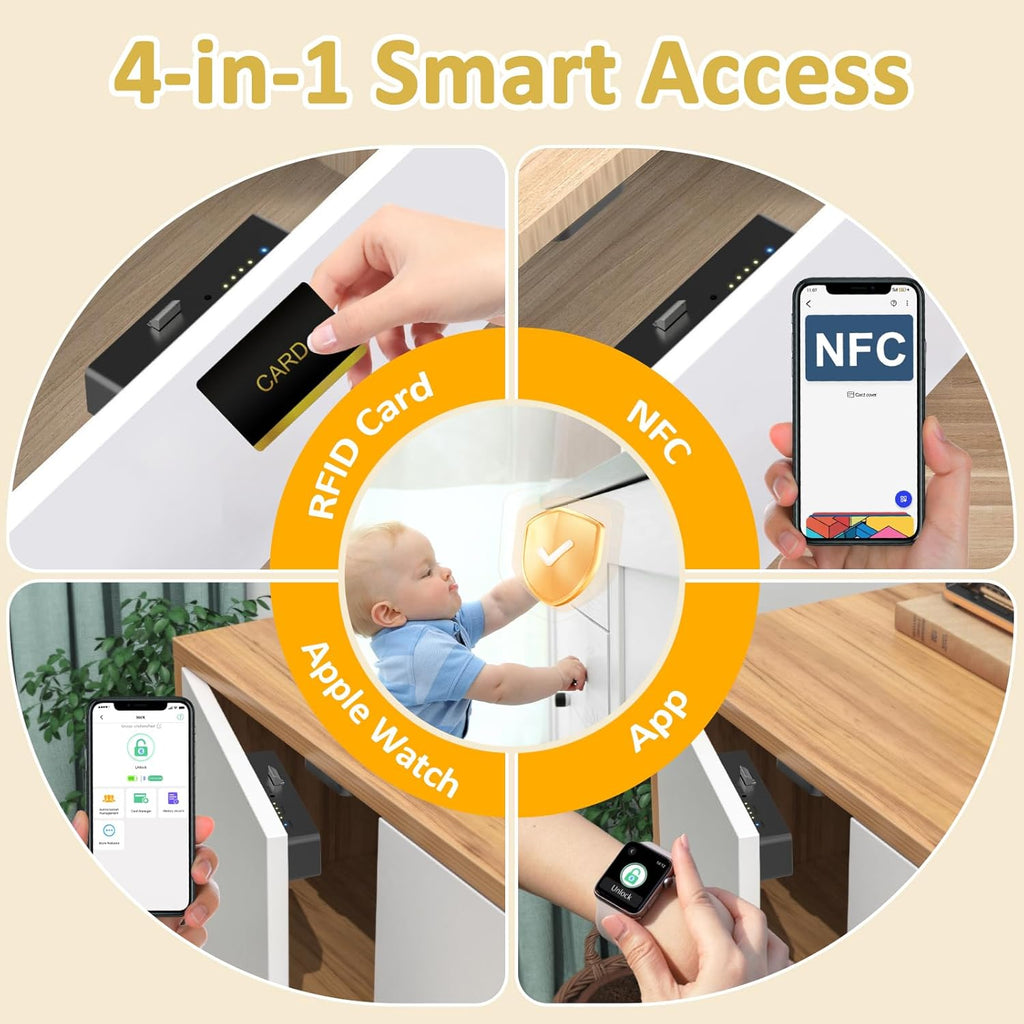 Bestkid Cabinet Lock NFC RFID Card Slim Hidden Drawer Lock for Child Safety Liquor File Kitchen Pantry Furniture Double-Layer Drawer No Drilling Required Black