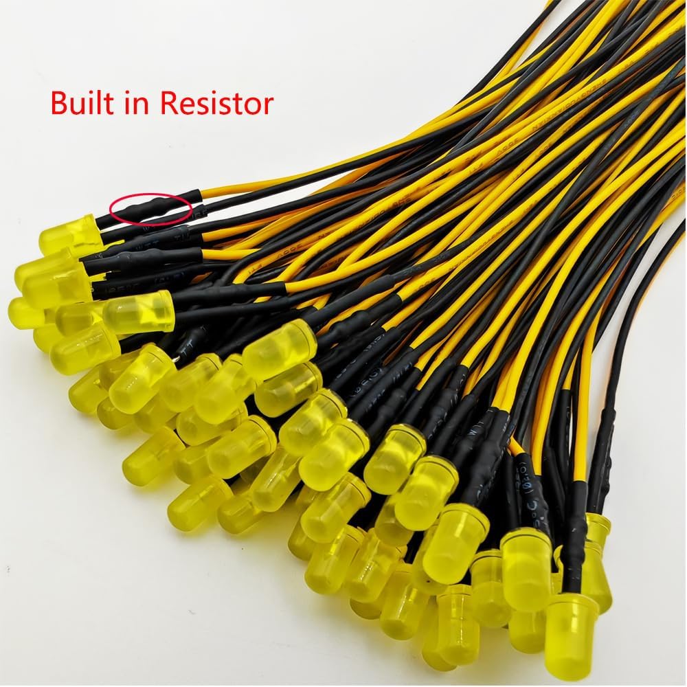 50pcs 110VAC 5mm Yellow LED Lights Emitting Diodes, Prewired 7.9 Inch V LED Light Diffused Colored Lens Small LED