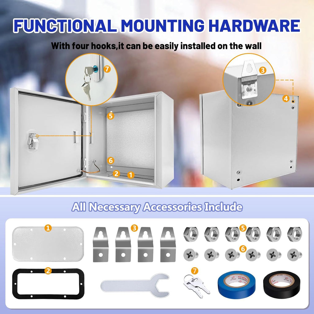Outdoor Electrical Box 16 x 16 x 8”D NEMA 4X Enclosure Steel Box, Waterproof & Dustproof Outdoor/Indoor Lockable Electrical Junction Box, with Mounting Plate