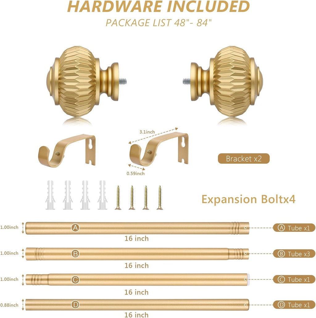 Gold Curtain Rods for Windows 48 to 84 Inches 1 Inch Adjustable Heavy Duty Curtain Rods with Lantern Ball Finials,Window Treatment Single Curtain Rod Set