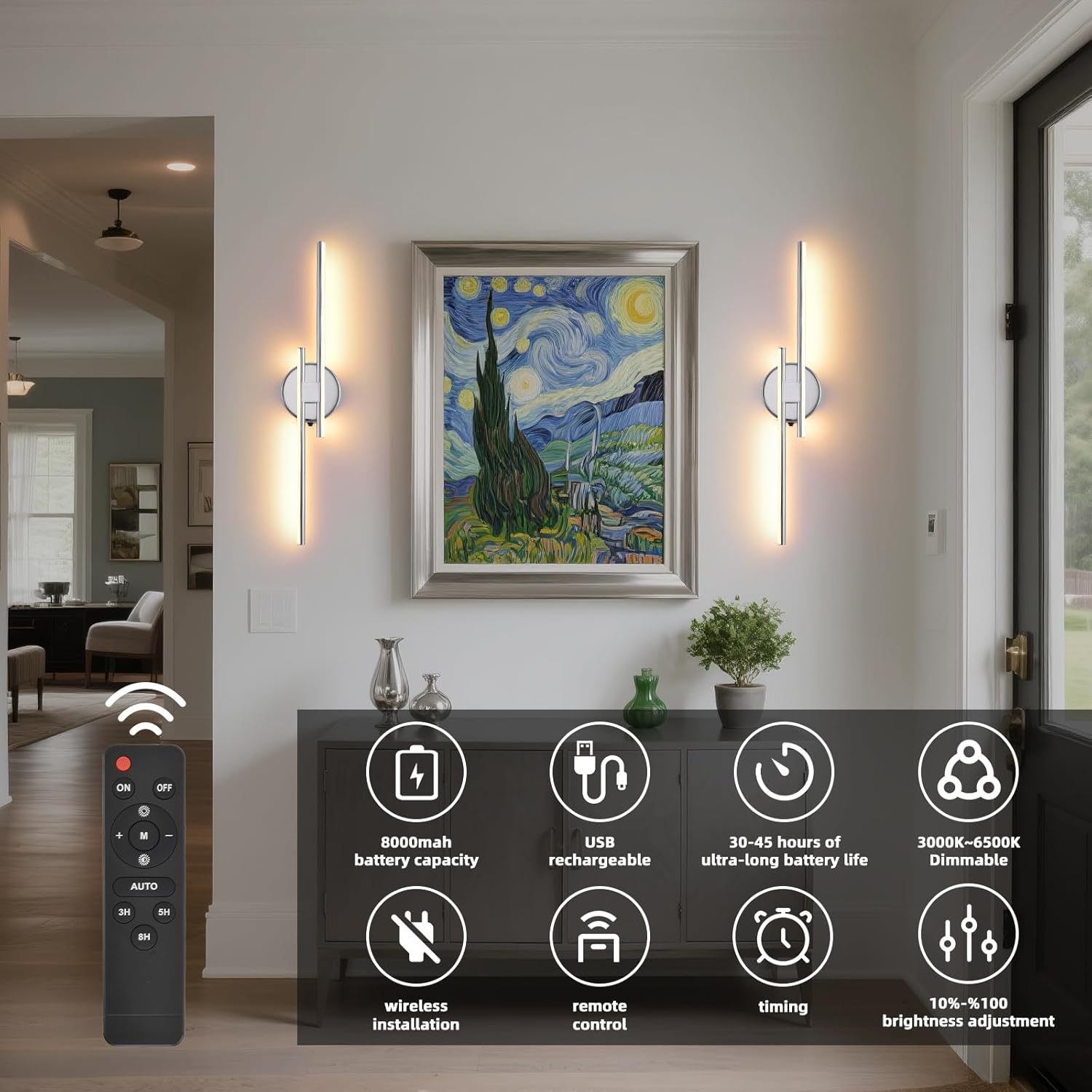 Rechargeable Battery Operated Wall Sconce Set Of Two, Chrome Wireless LED Wall Sconces With Remote Control, Dimmable 3 Colors Cordless wall lights for Living Room, bedroom, Hallway, 23.6 Inch ( 2pcs)