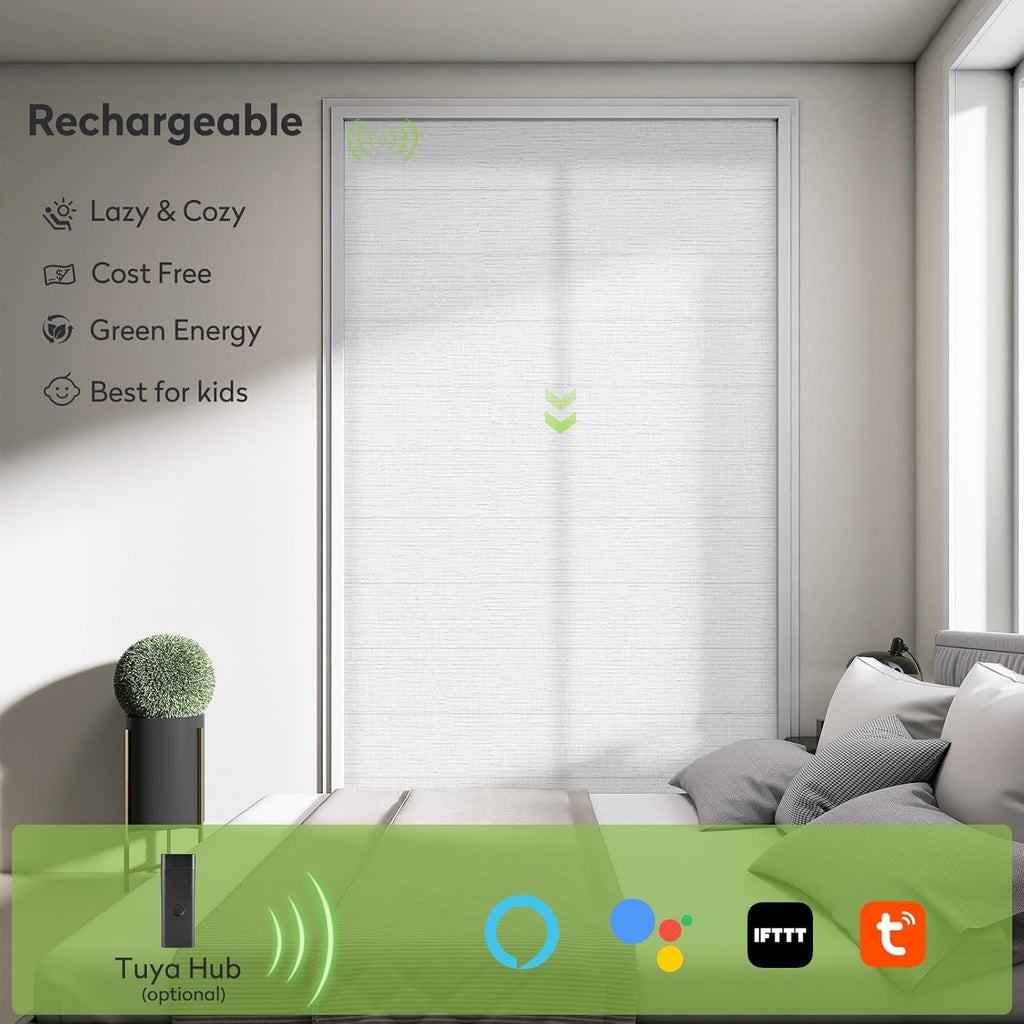 ZSTARR Smart Roman Shades Rechargeable Motorized Blinds with Remote Light Filtering Roman Window Shades Plain Fold Soft for Doors Bedroom, Custom Size (Sheer White)