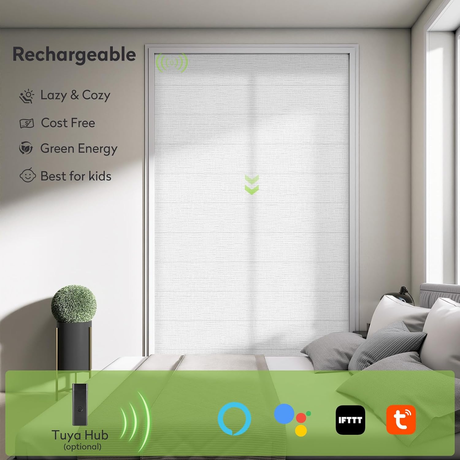 ZSTARR Smart Roman Shades Rechargeable Motorized Blinds with Remote Light Filtering Roman Window Shades Plain Fold Soft for Doors Bedroom, Custom Size (Sheer White)