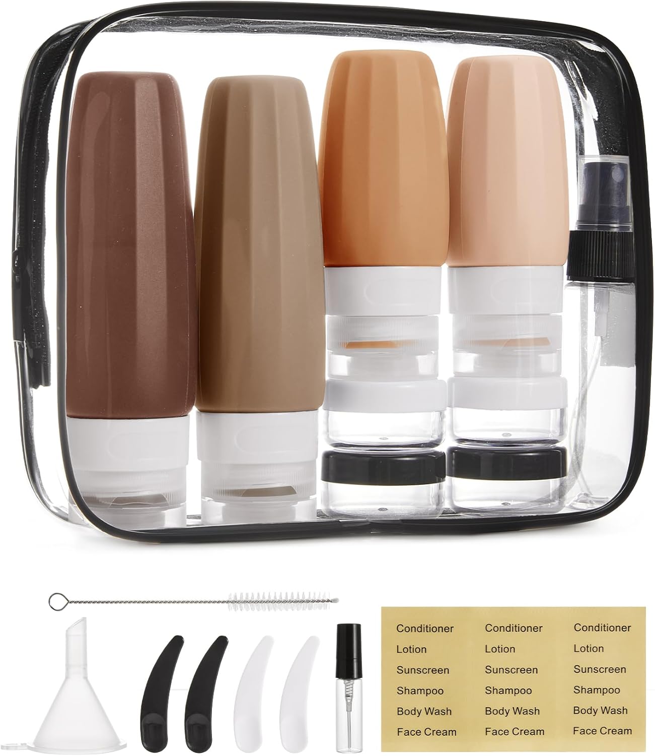 BAGSMART 18 Pack TSA Approved Travel Bottles for Toiletries, Leak Proof Silicone Travel Size Containers Bottles for Shampoo, Earth Tone