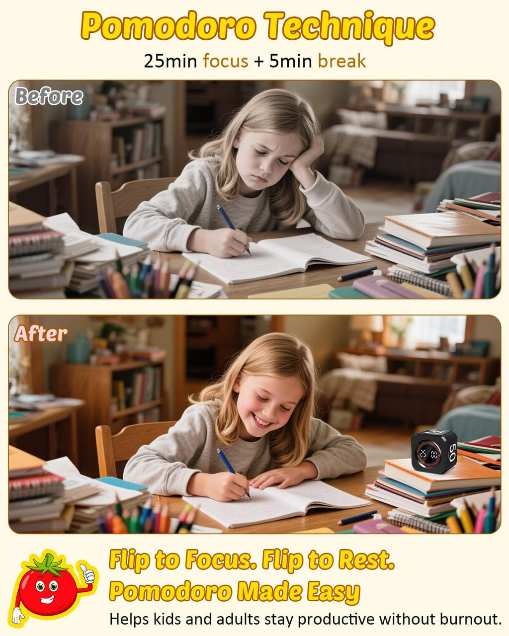 Pomodoro Timer Cube Visual Productivity Flip Timer for Kids Classroom Desk, 5/10/25/50min&Custom Countdown, Silent&Sound Mode Digital Cube for ADHD Study Work School Game Kitchen (Black)