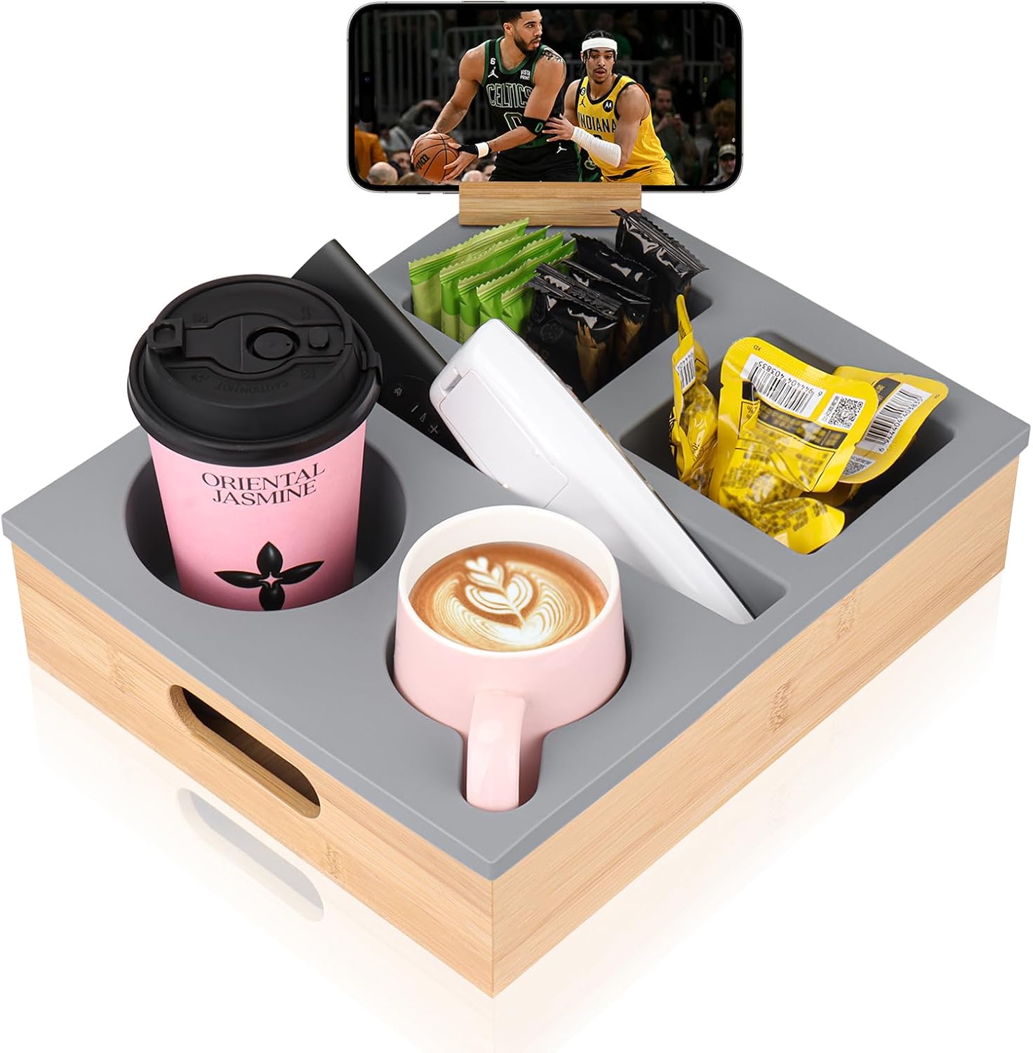 Couch Cup Holder Tray, Couch Caddy with Rotatable Phone Holder, Wooden Sofa Drink Holder with Handle for Bed Car Seat Beach Organizer, Anti-Spill for Snacks Beverage Remote Grey