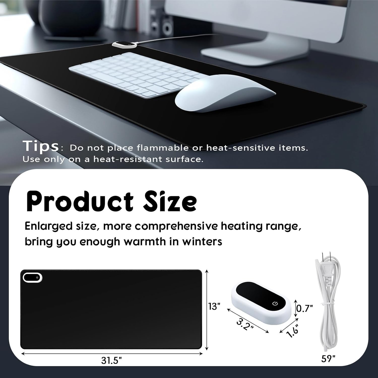 Konohan Heated Large Desk Mat PU Leather Warm Mouse Pad with 5 Heating Level & 4 Hour Auto Shut-Off Heating Keyboard Pad Warmer Gaming Mice Mat Only Supports 110v(Black Color,31.5" X 13")