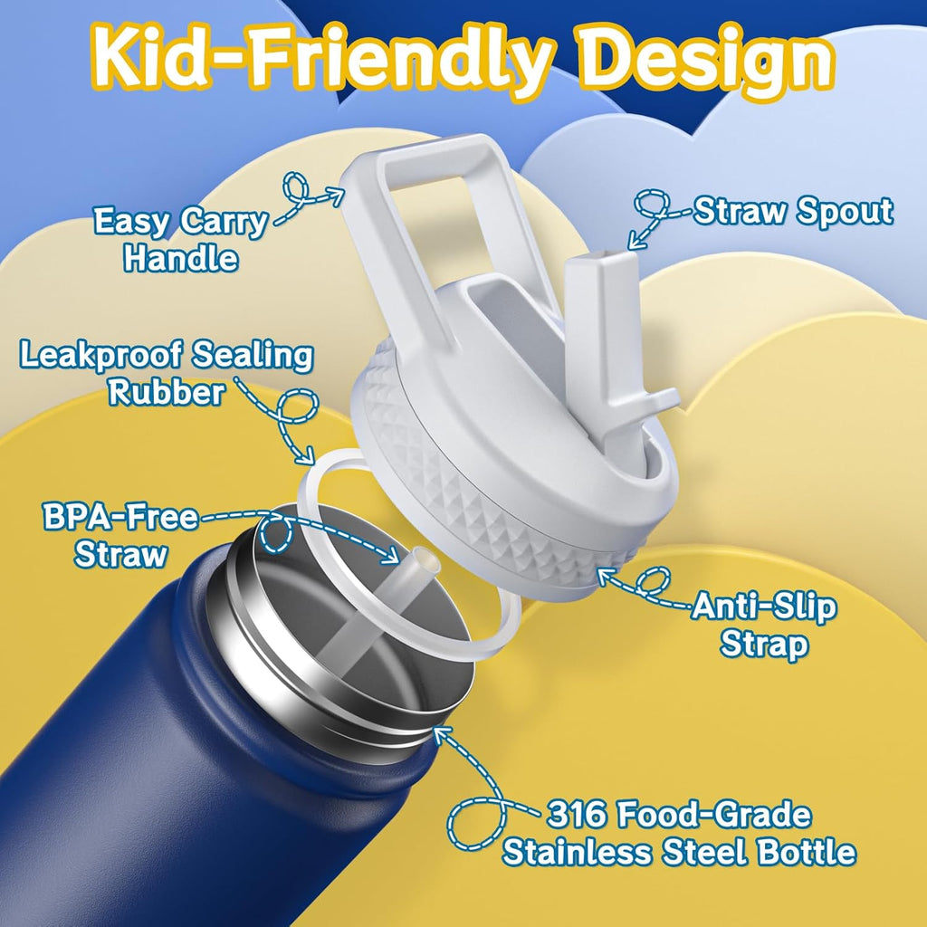 baab 18oz Kids Water Bottle, Insulated Water Bottle with Straw & Stickers, 18/8 Stainless Steel Vacuum Leakproof Kids Water Straw Cup for School, Perfect for Boy Girl (Navy Blue, 1 Pack)