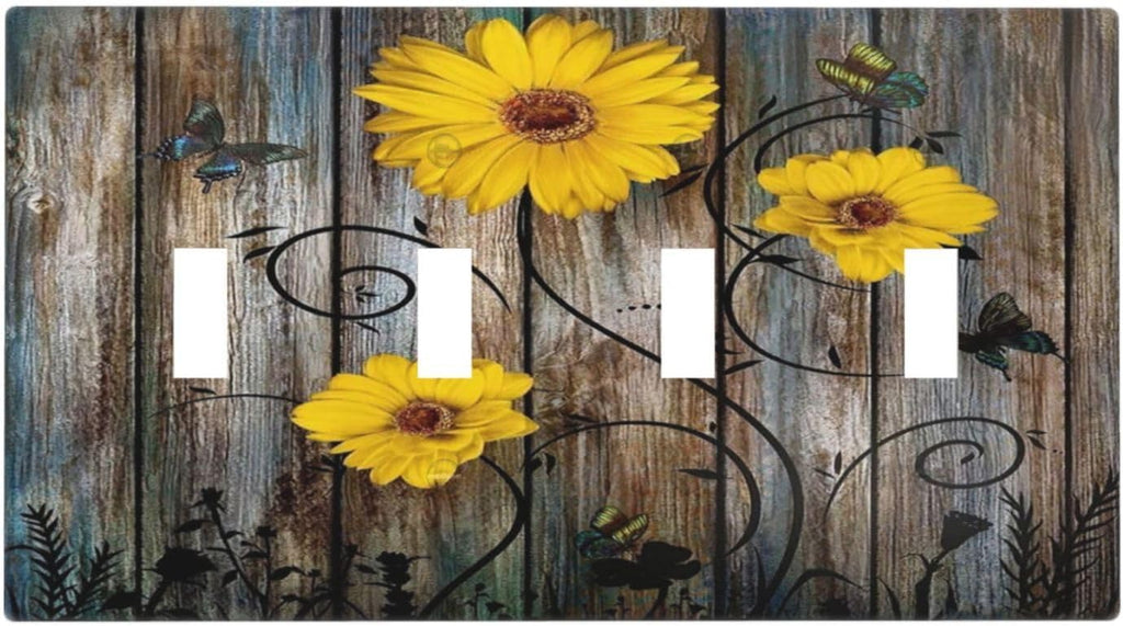 Rustic Barn Sunflower Wooden Daisy Flower Plank Light Switch Covers Quad Toggle Electrical Faceplate 4 Gang Wall Plate Decorative Switch Plates for Farmhouse Home Decor