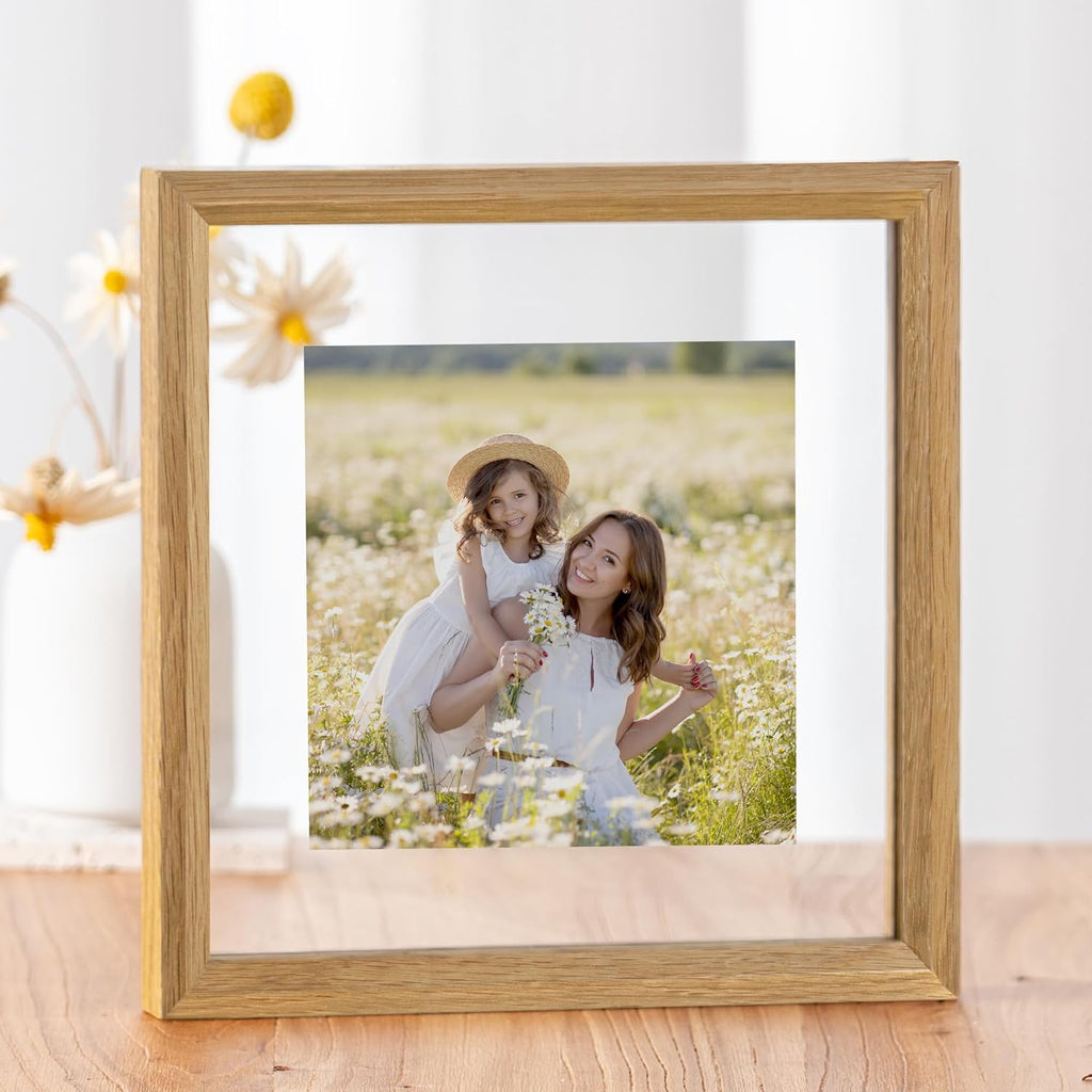 Axeman 8x8 Floating Picture Frame - Solid Oak Wood Square Picture Frame, Double Tempered Glass Photo Frame 3x3 4x4 5x5 6x6 8''x8'' Wood Frame, Wall Mount Or Tabletop Standing, Natural